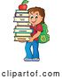Vector of Cartoon Brunette White School Boy Carrying a Stack of Books with an Apple on Top by Visekart