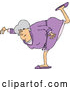 Vector of Cartoon Chubby Senior White Lady in a Purple Robe, Balancing on One Foot by Djart