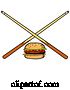 Vector of Cartoon Hamburger and Crossed Billiards Pool Cue Stick by LaffToon