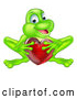 Vector of Cartoon Happy Green Frog Crouching and Holding a Glassy Red Heart by AtStockIllustration