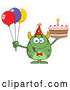 Vector of Cartoon Happy Green Horned Monster Holding a Birthday Cake and Party Balloons by Hit Toon