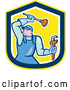 Vector of Cartoon Male Plumber with a Plunger and Monkey Wrench in a Yellow Blue and White Shield by Patrimonio
