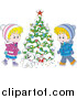 Vector of Cartoon Puppy with Children Ice Skating Beside a Flocked Christmas Tree by Alex Bannykh