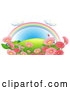 Vector of Cartoon Rainbow over a Hill with Pink Flowers and Butterflies by