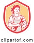 Vector of Cartoon Retro Female Mechanic Holding a Wrench in a Red White and Orange Shield by Patrimonio