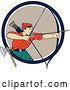 Vector of Cartoon Retro Male Archer Aiming an Arrow and Emerging from a Navy Blue White and Tan Circle by Patrimonio