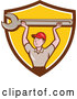 Vector of Cartoon Retro White Male Mechanic Holding up a Giant Spanner Wrench in a Brown White and Yellow Shield by Patrimonio