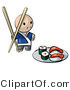 Vector of Cartoon Sushi Chef with Giant Chopsticks Beside Plate of Raw Food by Leo Blanchette