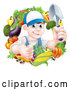 Vector of Cartoon Young Brunette White Male Gardener in Blue, Holding up a Shovel and Giving a Thumb up in a Wreath of Produce by AtStockIllustration