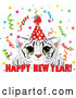 Vector of Cute White Tiger Cub Wearing a Party Hat and Looking over a Happy New Year Greeting, with Confetti by Pushkin