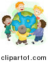 Vector of Diverse Happy Kids Holding Hands and Standing Around Earth by BNP Design Studio