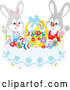 Vector of Easter Bunny Rabbits Cheering at a Table with Eggs and a Basket by Alex Bannykh