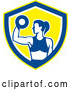 Vector of Fit Lady Doing Bicep Curls with a Dumbbell in a White Blue and Yellow Shield by Patrimonio