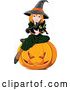 Vector of Halloween Witch Holding a Kitten and Sitting on a Pumpkin by Pushkin