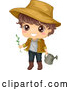 Vector of Happy Brunette White Boy Wearing a Sun Hat and Gardening with a Watering Can by BNP Design Studio