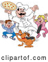 Vector of Happy Cartoon Chef Guy Holding Pizza over Excited Children and a Dog by LaffToon