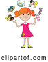 Vector of Happy Cartoon Red Haired Girl Juggling Her Friends, School Books, Goldfish, Parents and Ballet Slippers by Maria Bell