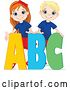 Vector of Happy Cartoon School Boy and Girl with ABC Alphabet Letters by Pushkin