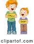 Vector of Happy Cartoon School Boys Holding 'Tall' and 'Short' Flash Cards by BNP Design Studio