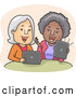 Vector of Happy Cartoon White and Black Senior Women Laughing and Video Streaming on Their Laptop and Tablet Computers by BNP Design Studio