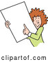 Vector of Happy Cartoon White Businesswoman Holding and Pointing to a Blank Sign or Document by Johnny Sajem