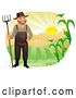 Vector of Happy Male Farmer in Overalls, Holding a Rake Against Hills and a Sunrise by BNP Design Studio