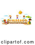 Vector of Happy Stick Kids Around Summer Text by