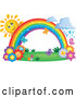 Vector of Happy Sun Character Behind a Rainbow over Flowers, with Rain by Visekart
