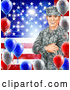 Vector of Happy White Military Veteran Man over an American Flag and Balloons by AtStockIllustration