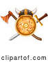 Vector of Horned Helment on Gold Viking Shield with a Crossed Axe and Sword by