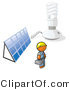 Vector of Installer Orange Guy by an Energy Saver Light Bulb and Solar Panel by Leo Blanchette