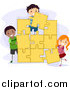 Vector of Kids Assembling a Large Jigsaw Puzzle by BNP Design Studio