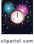 Vector of New Year Wall Clock Striking Midnight over Fireworks and Stars by Pushkin