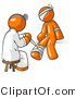 Vector of Orange Guy Doctor in a Lab Coat, Sitting on a Stool and Bandaging an Orange Person That Has Been Hurt on the Head, Arm and Ankle by Leo Blanchette