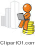 Vector of Orange Guy Sitting on Coins and Using a Laptop by a Bar Graph by Leo Blanchette