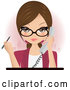 Vector of Pretty Brunette Secretary, Assistant or Receptionist Holding a Phone and a Pen While Taking a Call in an Office by Melisende Vector