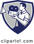 Vector of Profiled Retro Camera Guy Filming in a Blue White and Gray Shield by Patrimonio