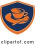 Vector of Retro Coffee Cup, Spoon and Saucer in an Orange Blue and Tan Shield by Patrimonio