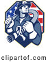 Vector of Retro Fire Fighter Guy Holding a Hose on His Shoulders over an American Flag by Patrimonio