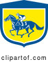 Vector of Retro Jockey Racing a Horse in a Blue White and Yellow Shield by Patrimonio