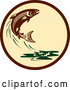 Vector of Retro Leaping Atlantic Salmon Fish and Green Water Splash in a Brown and Tan Circle by Patrimonio