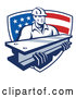 Vector of Retro Male Construction Worker Carrying an I Beam and Emerging from an American Flag Shield by Patrimonio
