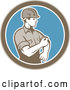 Vector of Retro Male Construction Worker Rolling up His Sleeve in a Brown White and Blue Circle by Patrimonio