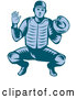 Vector of Retro Woodcut Blue Baseball Catcher in a Squat Position by Patrimonio