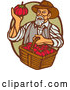 Vector of Retro Woodcut Male Farmer Holding a Basket of Tomatoes and Gazing at One in a Green and Brown Oval by Patrimonio