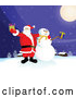 Vector of Santa Claus and Frosty the Snowman Standing Under a Full Moon, Outside on a Snowy Wintry Night, Holding Christmas Presents by Paulo Resende