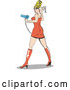 Vector of Sexy Blond Bombshell Beautician Lady Wearing a Tight Orange Dress and Tall Orange Boots and Holding a Pair of Scissors and Blow Dryer at a Salon by Andy Nortnik