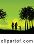 Vector of Silhouetted Family Holding Hands and Walking Between Trees Against a Green Sunset by KJ Pargeter
