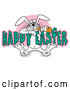 Vector of Silly Cartoon White Easter Bunny Eating a Carrot While Hanging onto Text Reading Happy Easter by Andy Nortnik