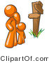 Vector of Uncertain Orange Guy and Child Standing at a Wooden Post, Trying to Decide Which Direction to Go at a Crossroads by Leo Blanchette